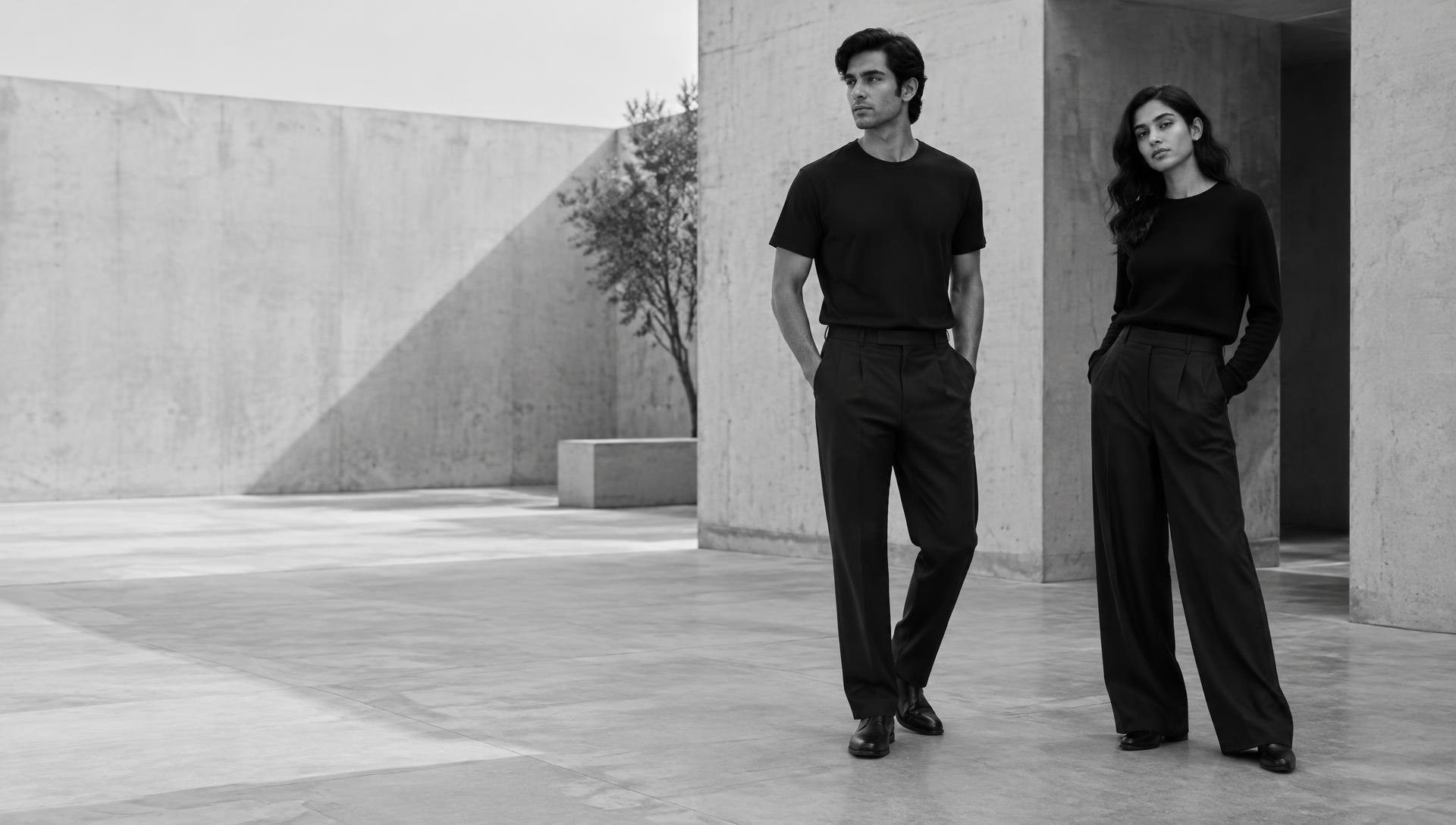 OFFRUNE editorial campaign with a man and woman in monochrome clothing